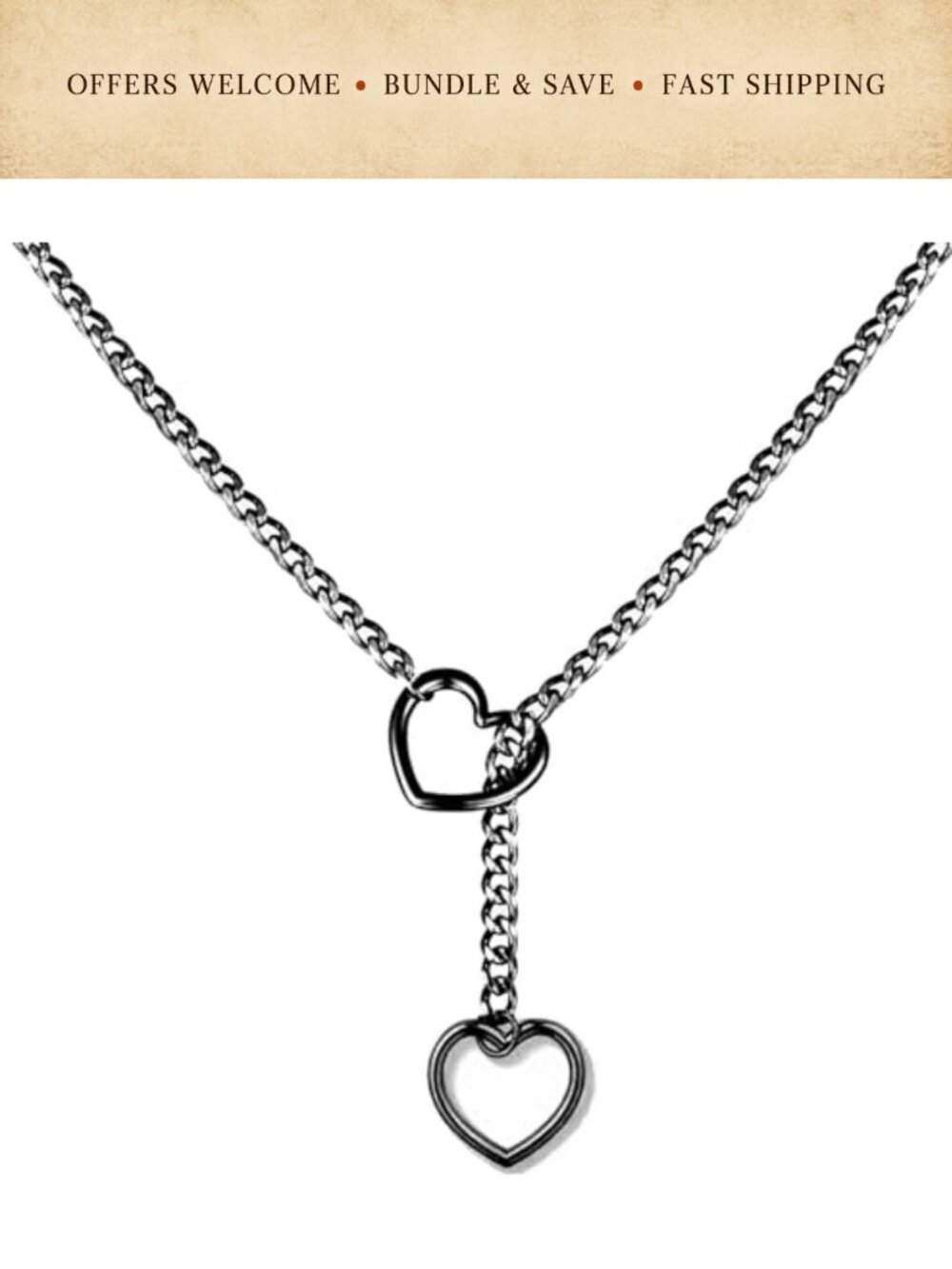 Heart O-Ring Slip Chain Necklace Stainless Steel Cuban Punk Rock Long Necklace